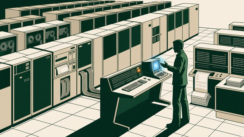 Illustration of a person at a console among mainframe cabinets.