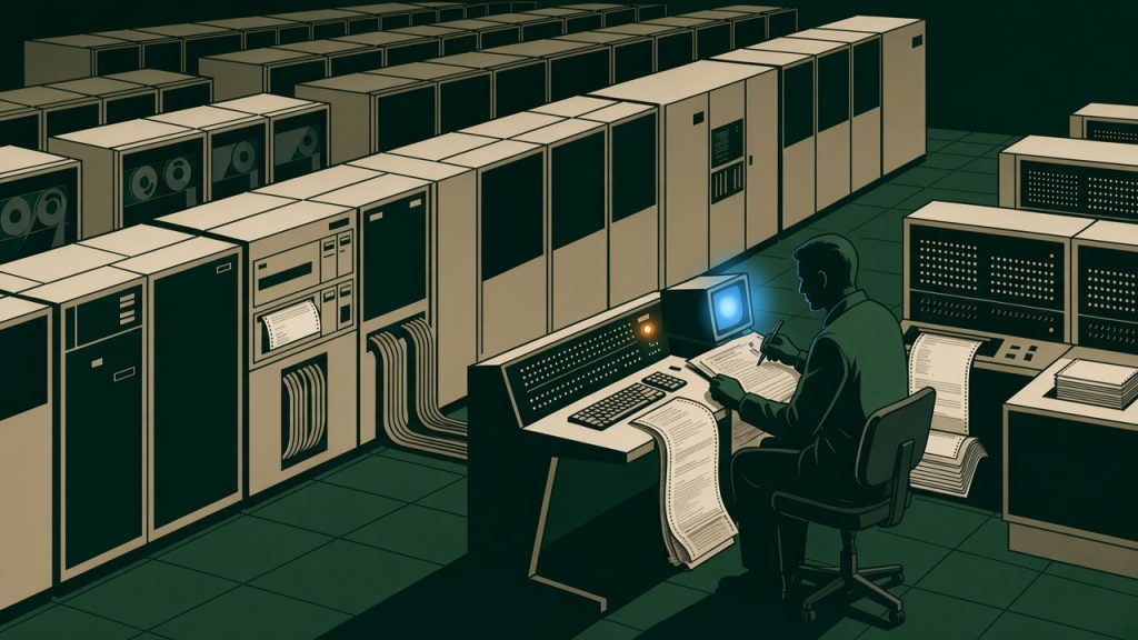 Illustration of a person at a terminal reading and annotating a computer printout among mainframe cabinets.