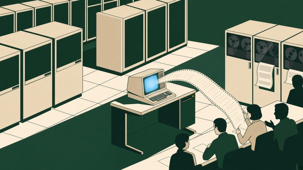 Illustration of a mid-century computer whose printout ribbon unfurls toward a seated audience.