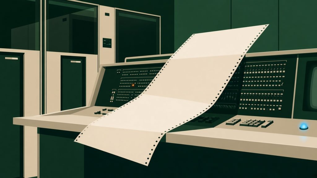 Illustration of continuous punch paper draped across a computer console.