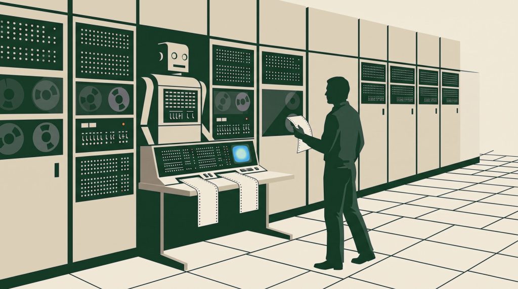 Illustration of a person and a robot reading a printout together.