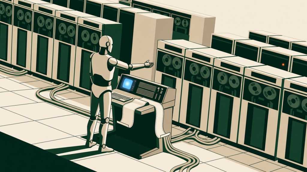 Illustration of a friendly robot gesturing beside a computer console.